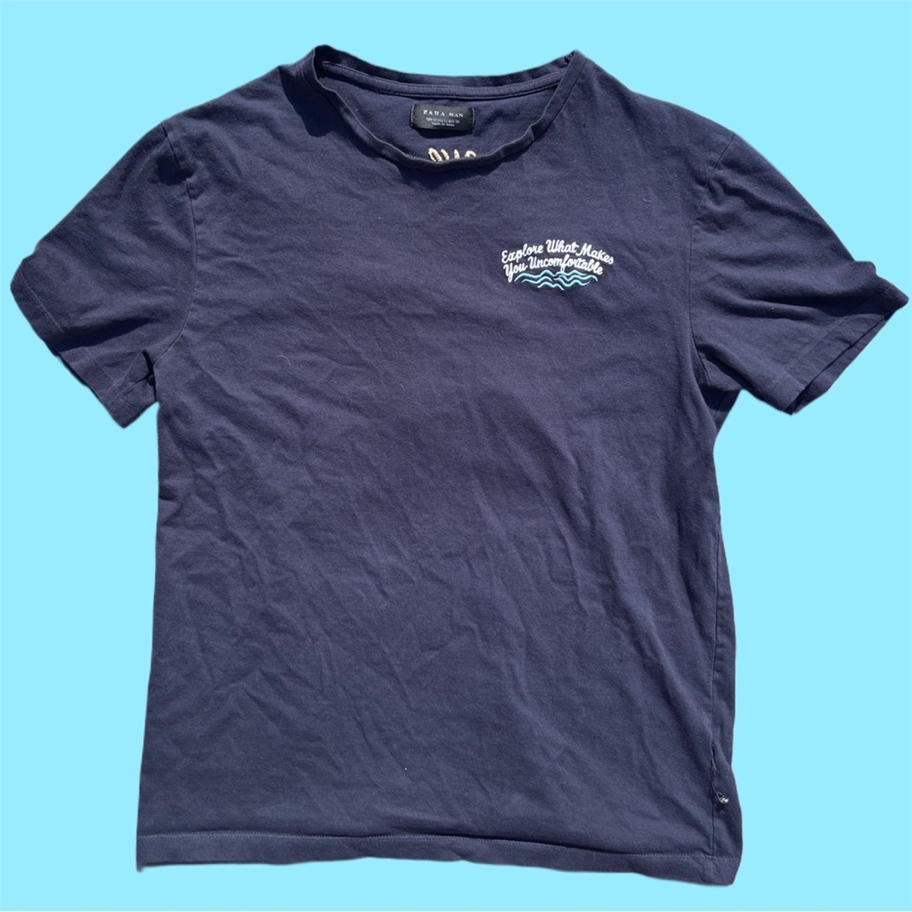 Zara Mens Embroidered “Explore What Makes You Uncomfortable” T-Shirt